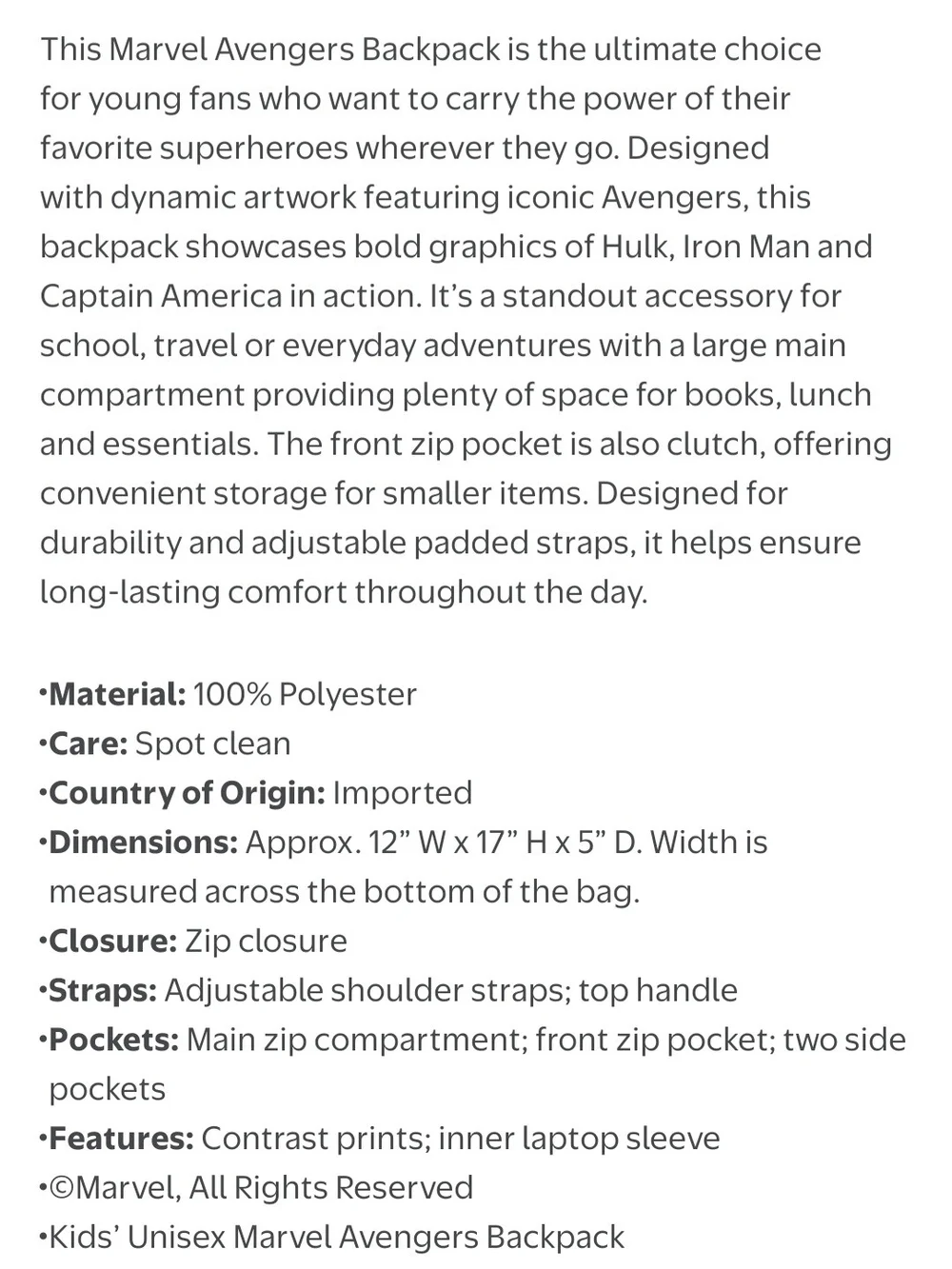 Marvel Avengers Super Heroes Backpack